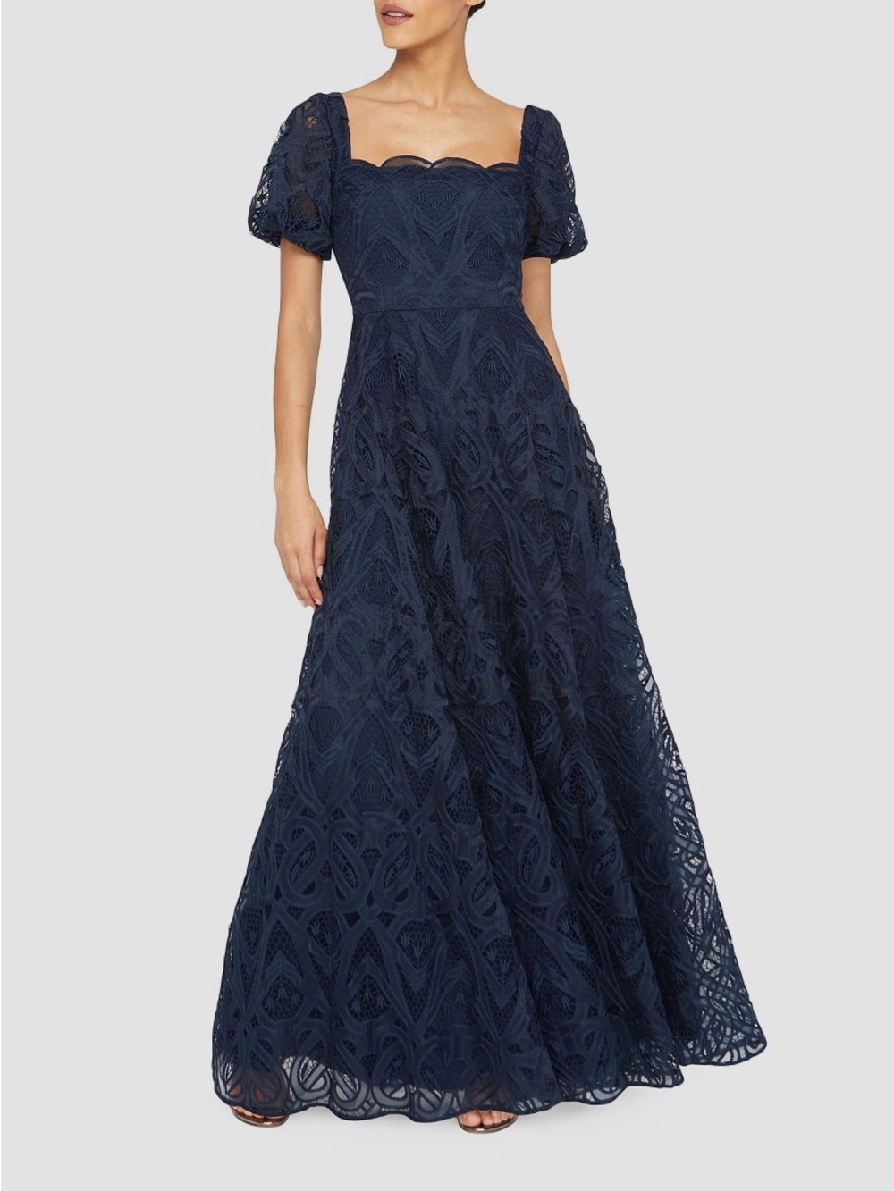 Theia Navy Dominique Puff Sleeve Gown
